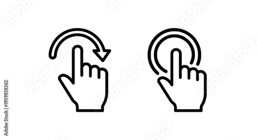 Gesture icons: hand swiping and hand tapping, representing touchscreen interaction and user interface, swipe gesture
