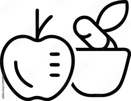 A simple black and white line drawing depicts an apple alongside a mug suggesting a comforting or healthy lifestyle concept high quality professional detailed modern elegant