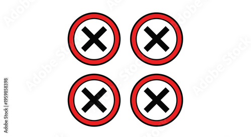 Four Red Circle Icons with Black X Marks on White Background
