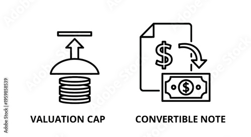 Valuation cap with coins and convertible note with dollar bill icons, startup finance concepts