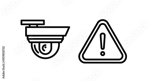Security camera icon and warning triangle, symbolizing surveillance and safety alert, security system