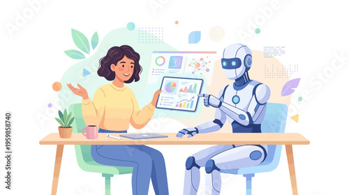 Woman and robot collaborating on a business project.