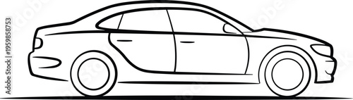 Black outline vector illustration of a modern sedan car side view representing transportation automotive industry luxury travel and vehicle icon