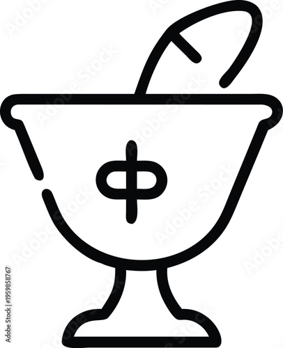 A simple black and white line drawing depicts a mortar and pestle a traditional tool used for crushing and mixing substances high quality professional detailed modern