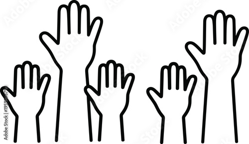 Black outline vector illustration of raised hands representing volunteering community participation voting teamwork diversity and reaching out for social support