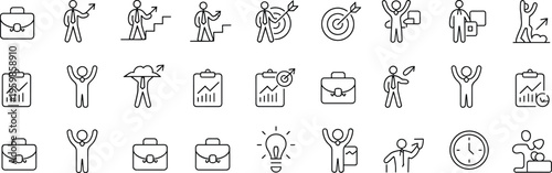 Business success line icons set, corporate career growth symbols, office management vector illustration, achievement target strategy elements, isolated white background