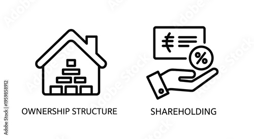House for ownership structure and hand holding percentage for shareholding finance icons with real estate