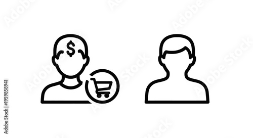 Customer profile with shopping cart and dollar sign icon, online shopping and consumerism concept, line art