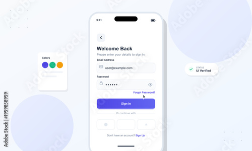 A modern mobile application login screen interface design featuring email and password input fields, a sign-in button, and social login options on a clean white background.