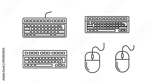Computer keyboard and mouse icons, set of input devices for computer hardware, line art