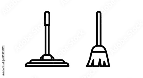 Outline icons of cleaning tools: mop and broom for housework and hygiene with cleaning supplies