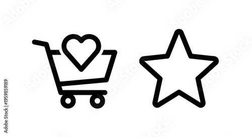 Shopping cart with heart icon and star icon for online shopping, favorites, and e-commerce, white background