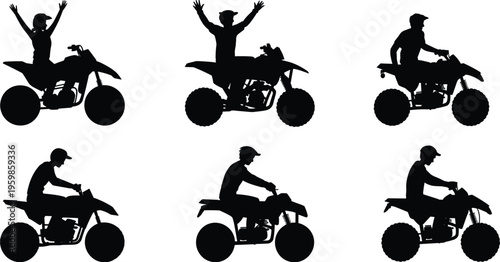 ATV rider silhouettes performing stunts and driving quad bike, off road adventure motor sport collection isolated on white background vector illustration