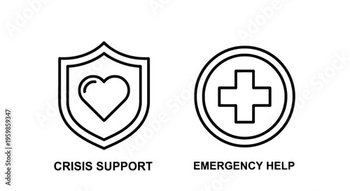 Crisis support and emergency help icons with shield and cross symbols with first aid