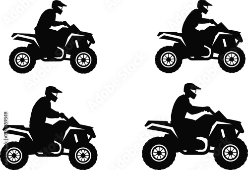 ATV rider silhouette set, quad bike off road motorcycle driver in action, black vector illustration isolated on white background