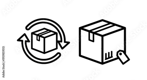 Shipping and logistics icons: package delivery circle arrows and box with tag with supply chain