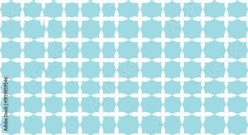 Refreshing turquoise pattern with white four petal floral motifs arranged in symmetrical grid layout for summer textile designs and decorative wrapping