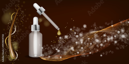 3D cosmetic illustration of a glass dropper bottle with golden serum drop, luxury hair oil or beauty elixir concept with glowing particles, flowing abstract wave and dark elegant background. 