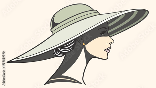 Elegant female wearing oversized sun hat, minimalist flat vector illustration for summer fashion, luxury lifestyle, and stylish character design.