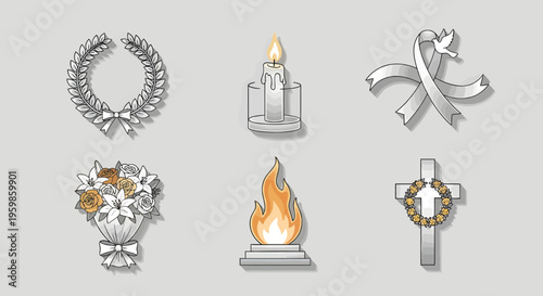 Minimal Memorial Tribute Icon Pack with Wreath, Candle, Cross, and Ribbon in Clean Outline Style