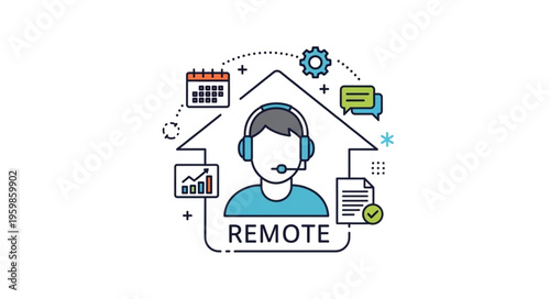 Remote Work Illustration - Employee with Headset in Home Office Setup.