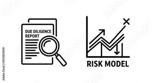 Due diligence report and risk model icons for financial analysis with magnifying glass