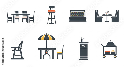 Restaurant Furniture Set - Tables, Chairs, Booths, and Accessories.