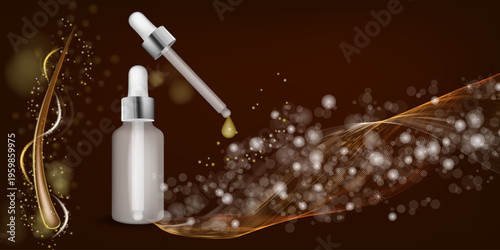 3D cosmetic illustration of a glass dropper bottle with golden serum drop, luxury hair oil or beauty elixir concept with glowing particles, flowing abstract wave and dark elegant background. 