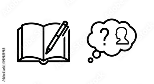 Writing and questioning icons representing education, storytelling, learning, and problem solving concepts, book icon