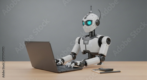 Robot Working on Laptop - Artificial Intelligence in Action.