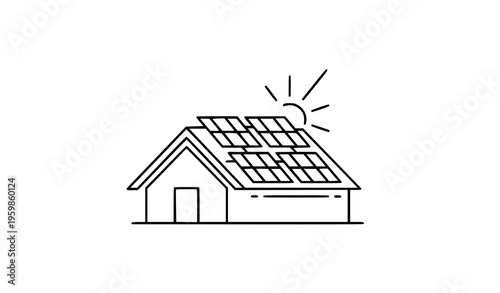 Residential solar roof energy icon with sunlight rays editable outline vector illustration