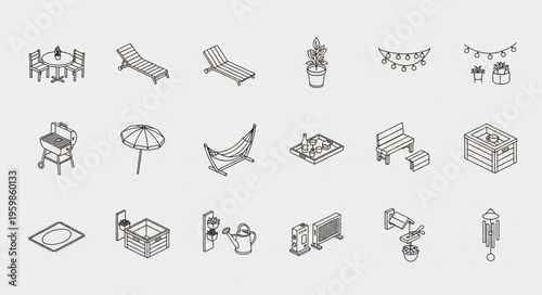 Isometric Outdoor Furniture Set - Hand-Drawn Style for Garden and Patio Design.