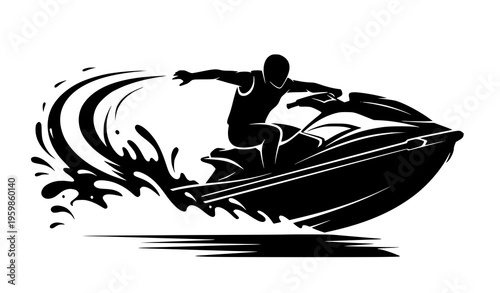 Jet ski rider silhouette vector with water splash action design for extreme water sports illustration