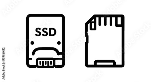 Ssd drive icon and sd card icon, symbolizing digital storage and memory solutions, solid state drive