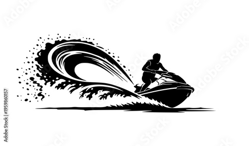 Personal watercraft rider silhouette with splash wave vector illustration for summer recreation concept