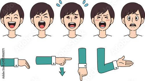 Cartoon Man Face Expressions and Hand Gestures Set with Emotions Including Happy, Angry, Crying, and Worried for Avatar Vector Illustration Design.