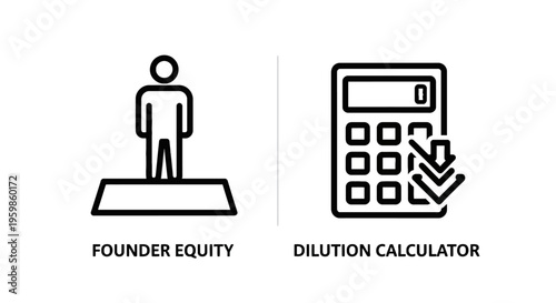 Founder equity icon and dilution calculator icon with down arrows, for startup finance and ownership, financial planning