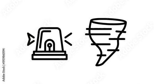 Siren light icon and tornado icon, representing emergency and natural disaster