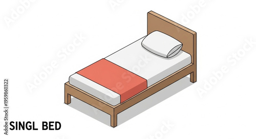 Isometric Single Bed Illustration with Pillow and Blanket.