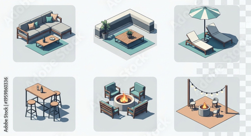 Isometric Outdoor Furniture Set - Lounge, Dining, and Relaxation.