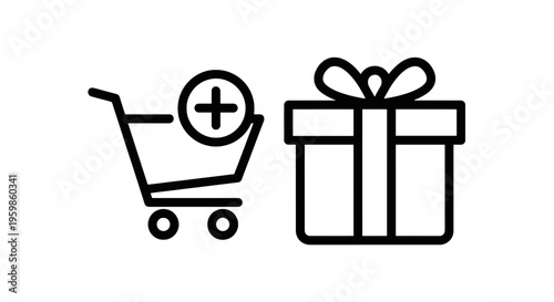 Shopping cart and gift box icons: add to cart, online shopping and presents symbols, line art