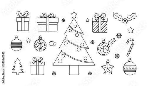 Christmas elements line art vector illustration with tree, gifts, ornaments, and candy canes isolated on white