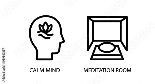 Calm mind and meditation room icons: inner peace, serenity, mindfulness symbols, line art