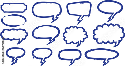 A set of fifteen minimalist blue outline speech bubbles and thought clouds with lightning bolt tails and distressed edges, isolated on a white background.