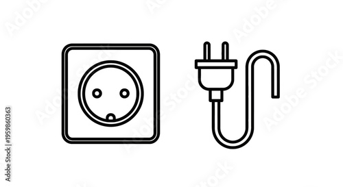 European power socket and electrical plug icon set | energy connection line art vector with black white