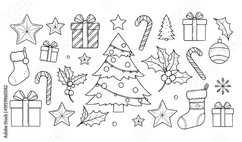 Detailed Christmas line art vector illustration with tree, gifts, stars, and candy canes isolated on white