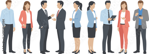 Corporate professionals in business attire standing and communicating in flat vector illustration characters.