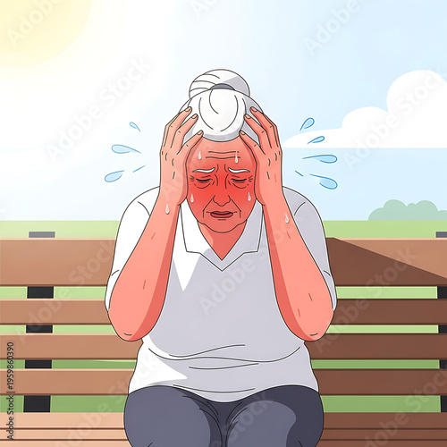 Elderly Woman with Heatstroke on Park Bench for Senior Health Concept, medical articles, environmental reports, and senior safety campaigns regarding global warming and heatwaves.