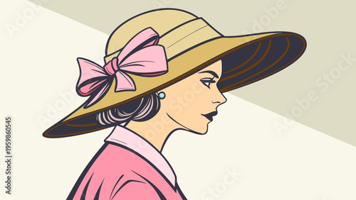 Trendy woman with ribbon hat, chic fashion illustration, minimalist flat vector for elegance, summer style, boutique branding, and feminine lifestyle themes.