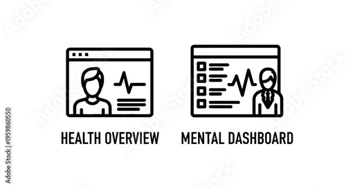 Digital health overview and mental dashboard icons displaying patient profiles and heart rate monitors for online medical tracking and wellness monitoring